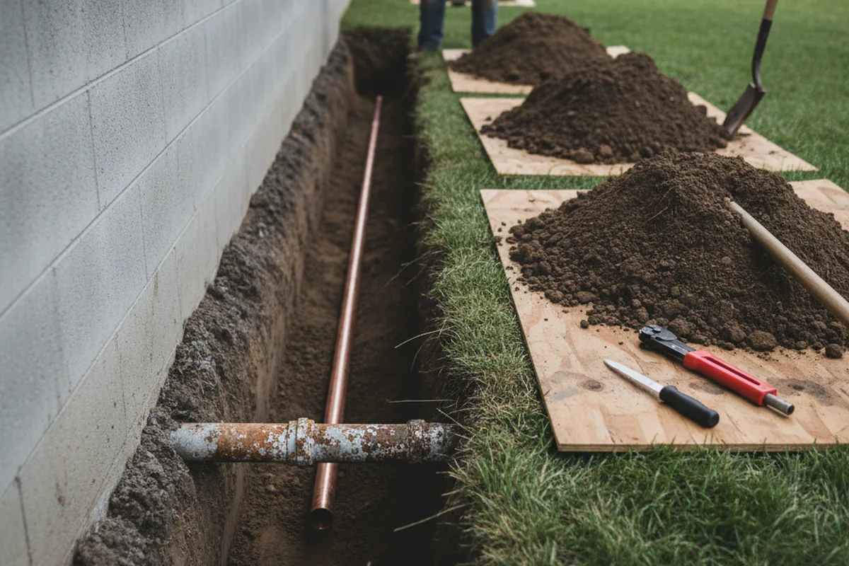 Excavated water line trench during Sewer Line Repair in Nicoma Park